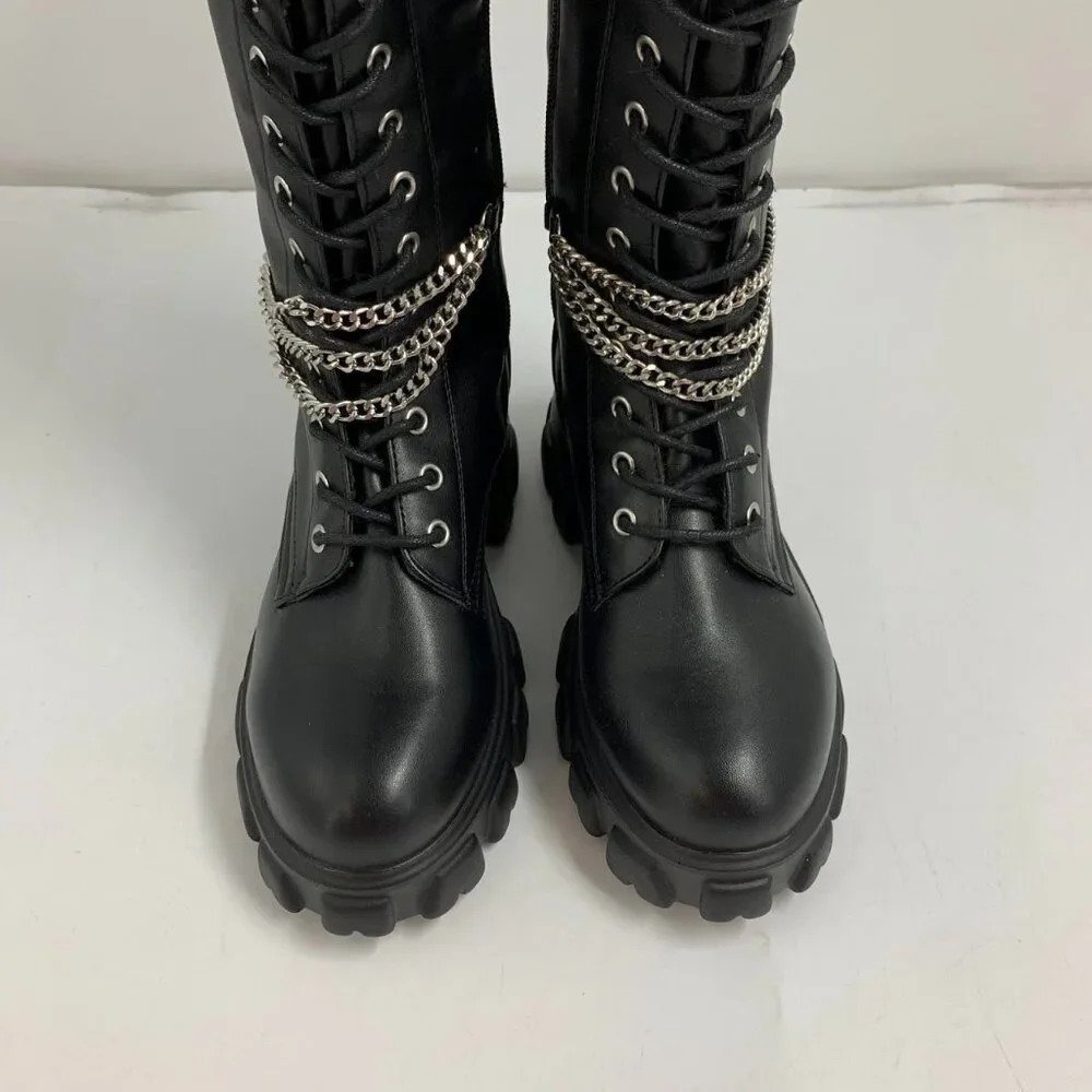Hot Topic Women’s Black‎ Chains Platform Side Zip Knee-High Boots Size 10 NWOB - Picture 11 of 16